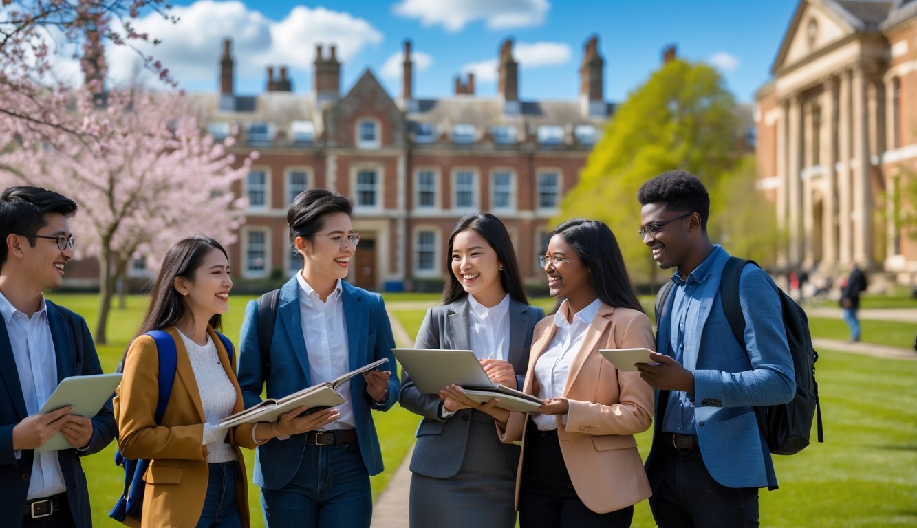 A diverse group of international students studying together outdoors on a university campus with academic buildings and green lawns in the background.