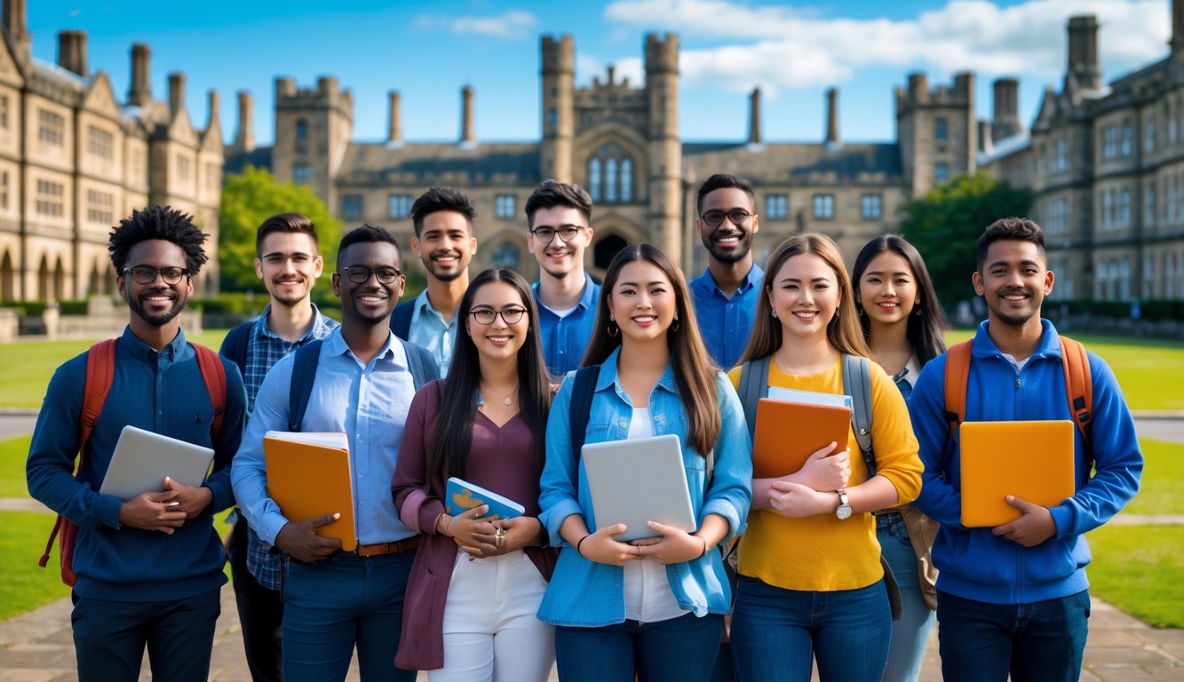 A group of diverse students standing outside a historic university building, smiling and holding books and laptops.