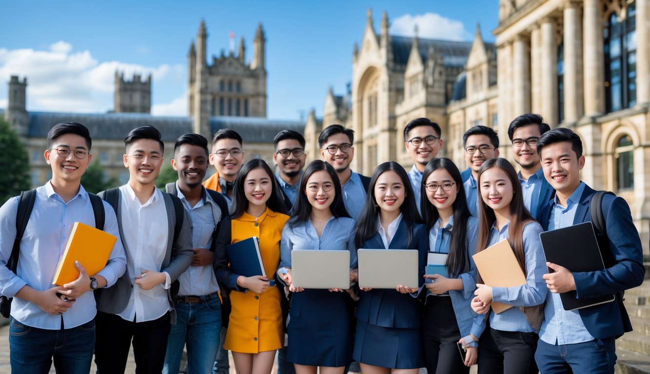 A group of diverse university students standing outside a campus building, smiling and holding books and laptops.