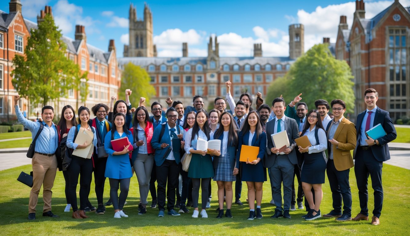 A group of diverse international students smiling and talking together on a university campus with modern buildings and greenery in the background.