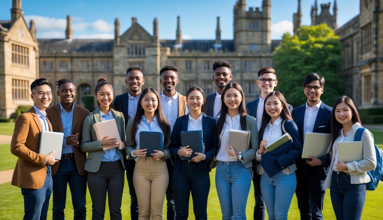 A diverse group of students standing together on a university campus with historic buildings and green lawns, smiling and holding books and laptops.