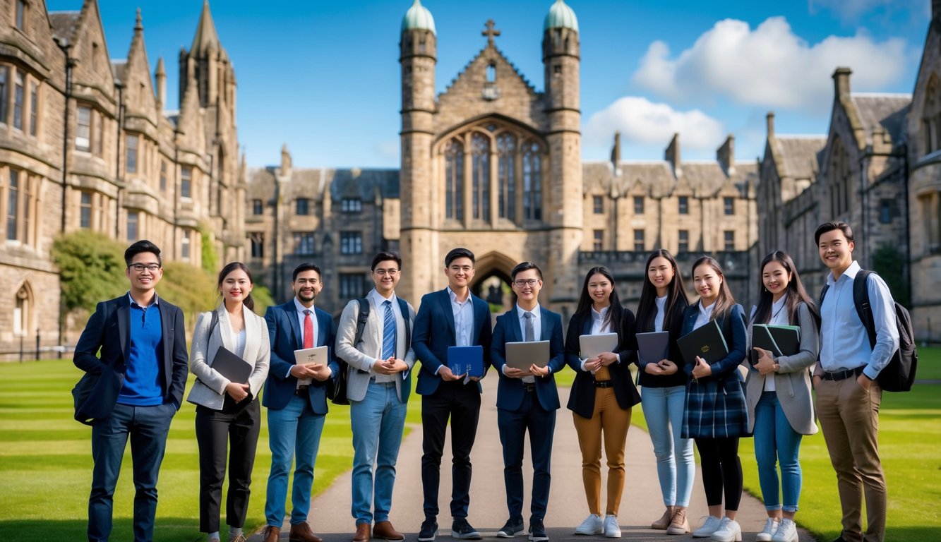 A group of diverse university students standing and talking on the University of St Andrews campus with historic stone buildings in the background.