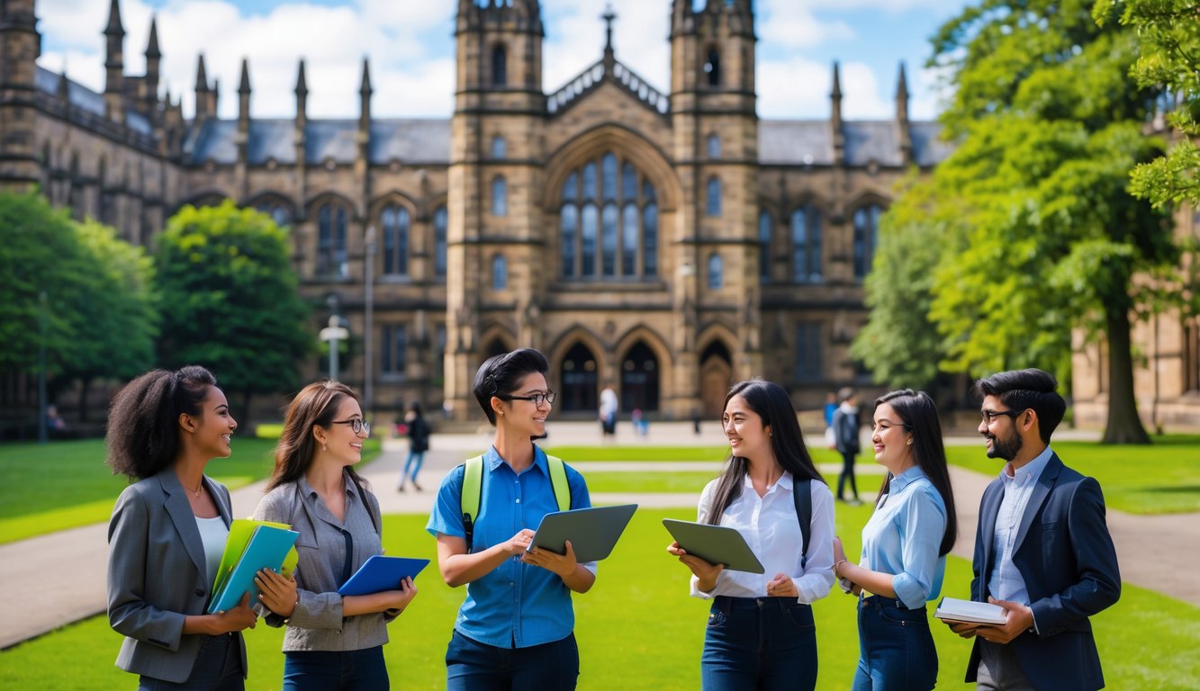 A diverse group of university students standing and talking on a university campus with historic buildings and greenery in the background.