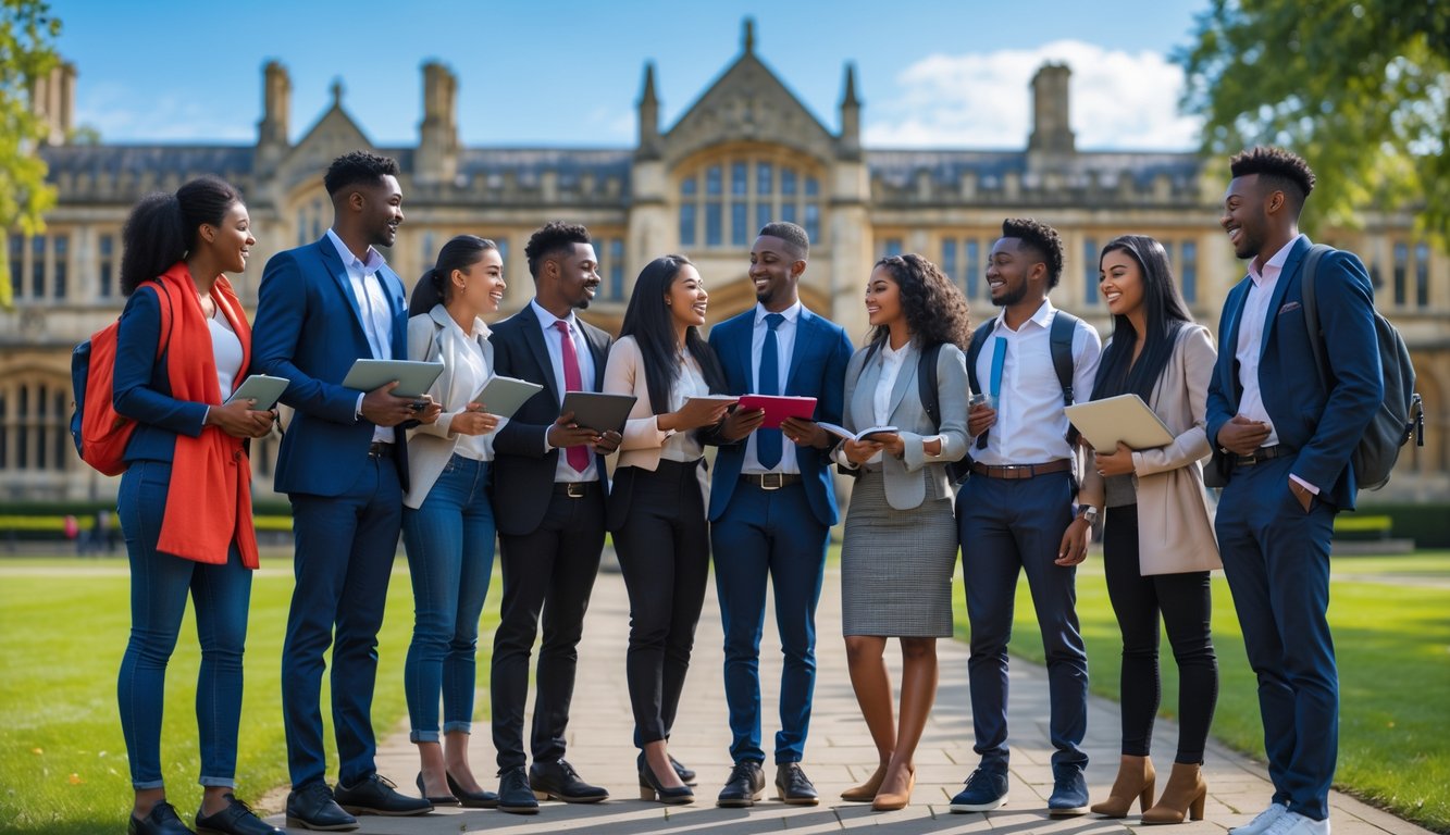 A diverse group of university students standing outside a UK university campus, talking and holding books and laptops on a sunny day.