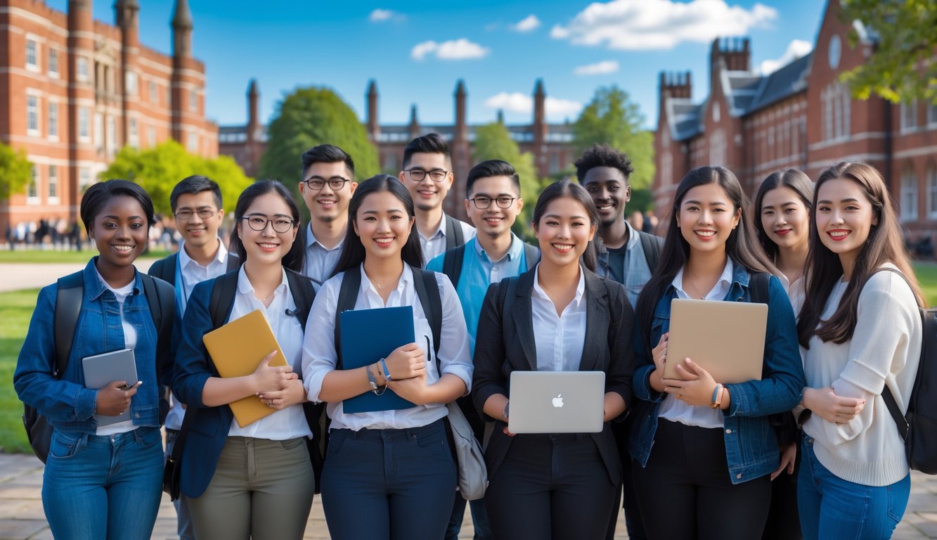 A diverse group of university students standing together outdoors on a university campus with red brick buildings and trees in the background.