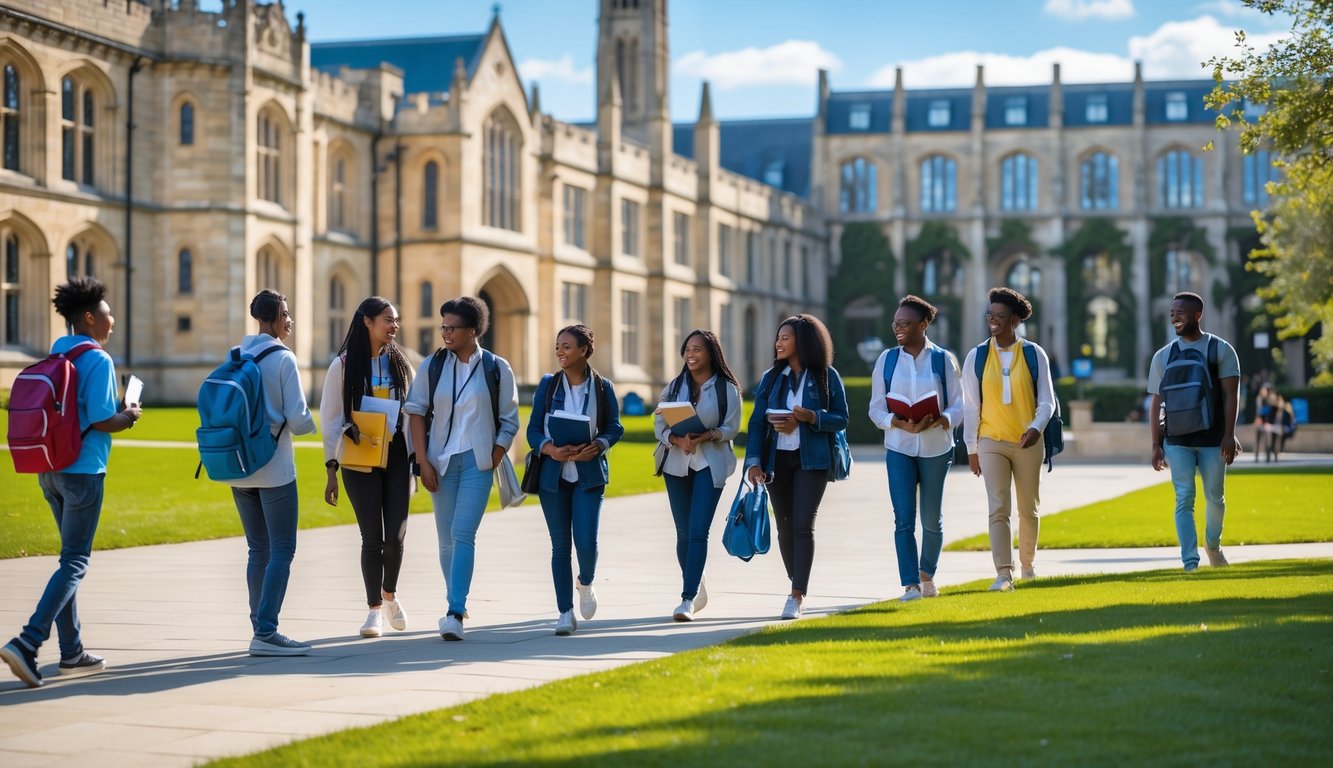 International students walking and talking on a university campus with historic buildings and green lawns on a sunny day.