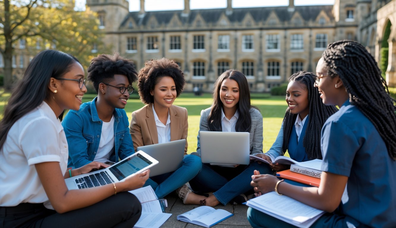 A diverse group of international students sitting outdoors near a UK university building, studying and discussing together with laptops and books.