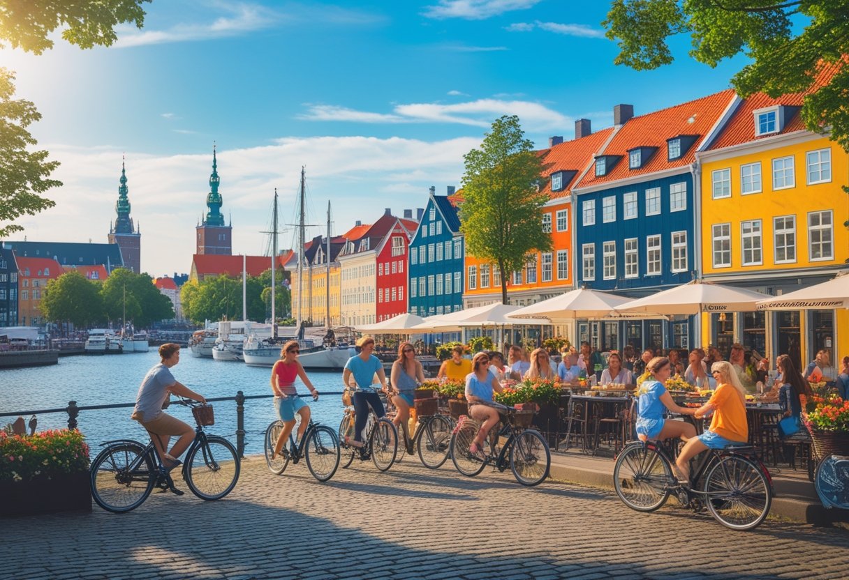 People cycling and sitting at outdoor cafes by colorful buildings along a canal in Copenhagen on a sunny summer day.