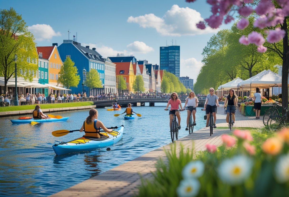People kayaking and cycling near colorful buildings by the water in a sunny outdoor park in Copenhagen.