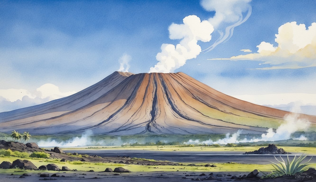 A large volcanic mountain with steam rising from its summit, surrounded by rocky terrain and sparse plants under a blue sky with clouds.
