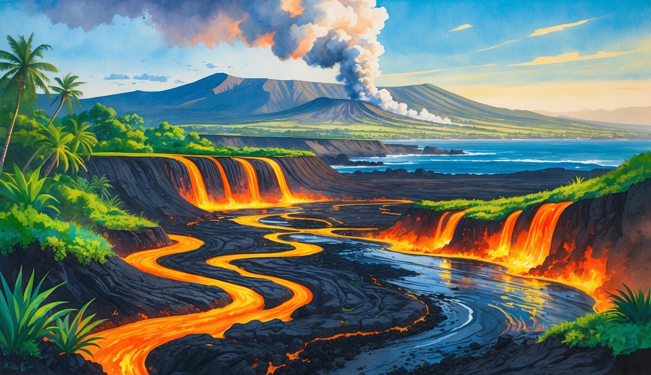A landscape of the Big Island with a volcano emitting smoke, lava flowing through rocks, tropical plants, mountains, and the ocean in the distance.