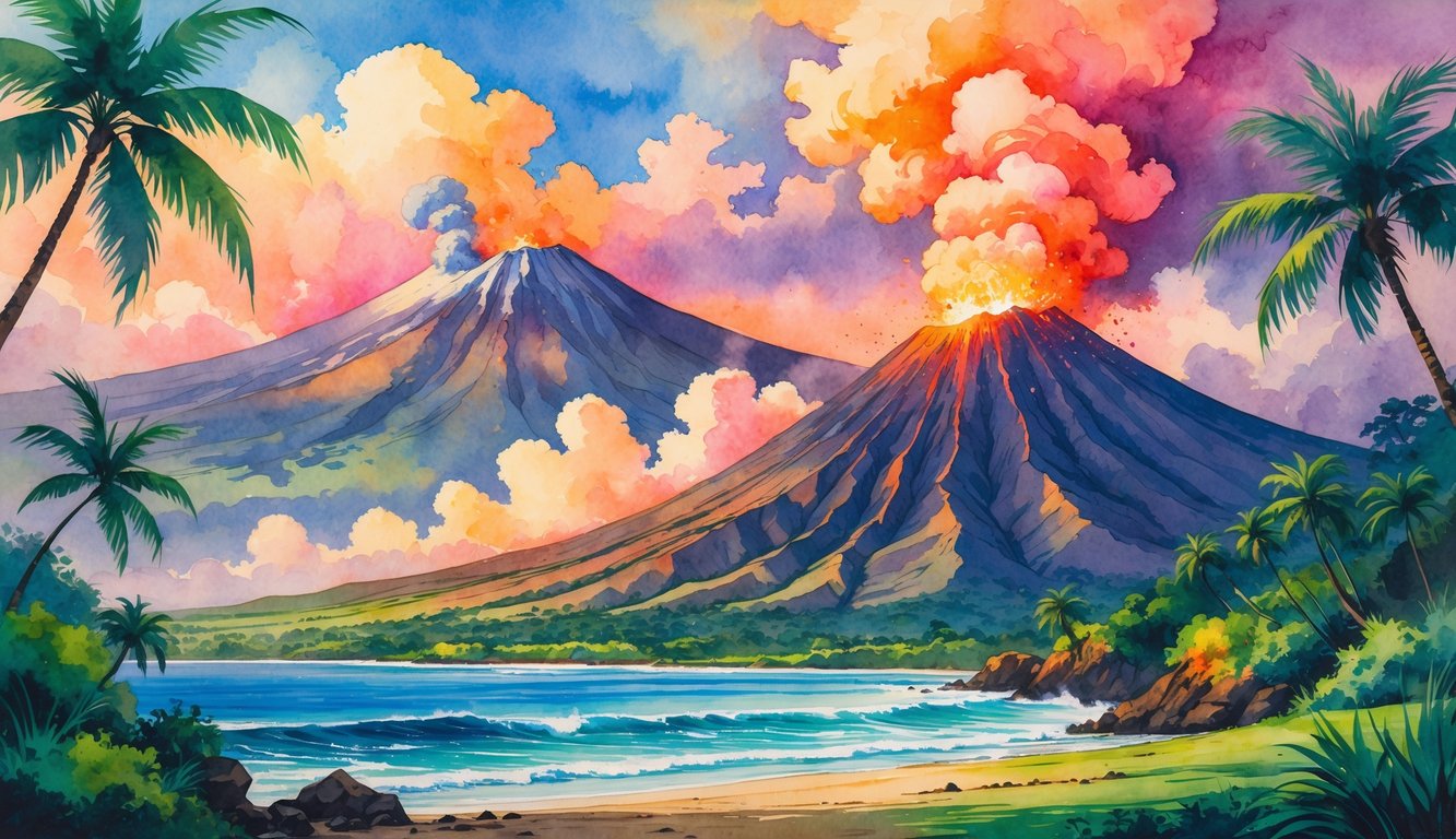 A tropical landscape showing green trees and palm trees with tall volcanic mountains in the background, one volcano gently erupting with lava and smoke, and the ocean along the rocky shore under a colorful sunset sky.