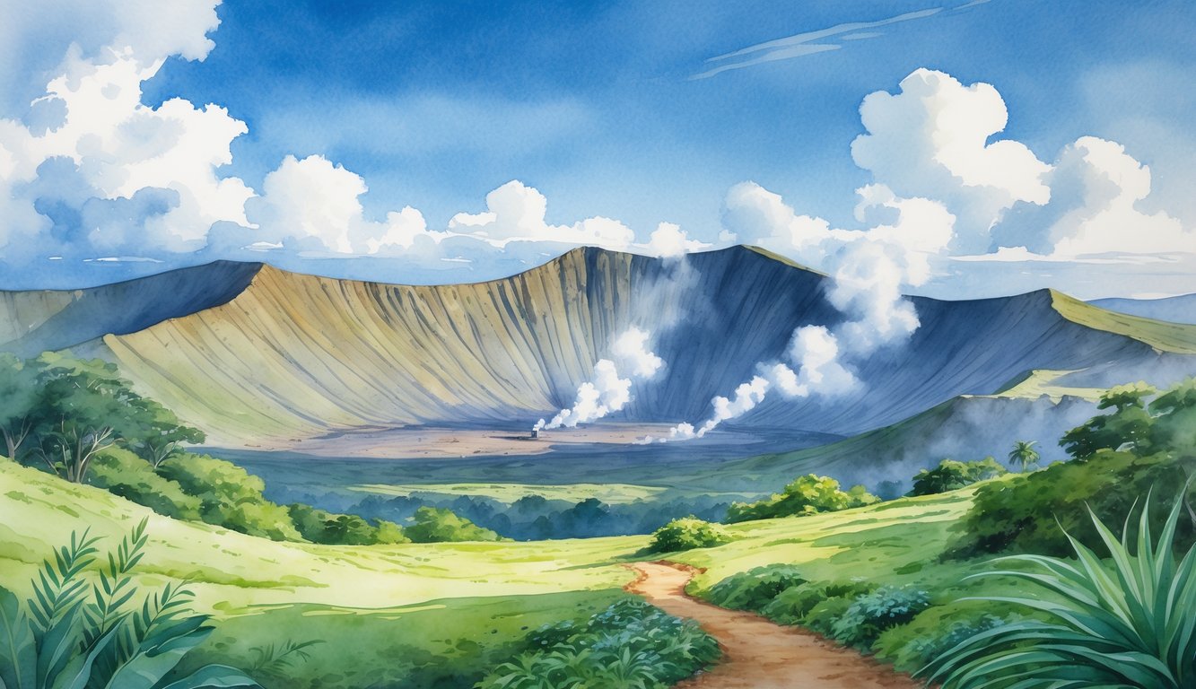 A peaceful view of Mauna Loa volcano with green plants, a winding trail, and steam rising from the crater under a blue sky with clouds.