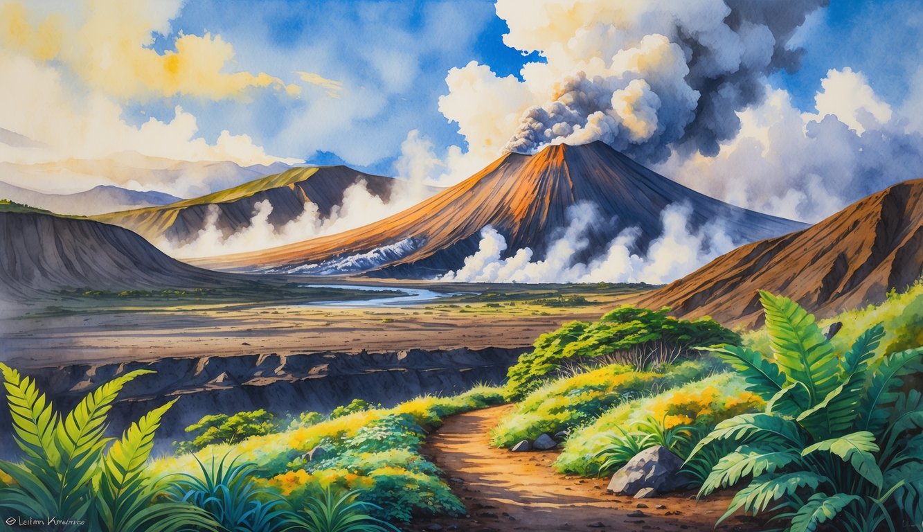 A scenic view of Mauna Loa volcano with tropical plants, volcanic steam rising from the crater, and a winding trail through rugged volcanic terrain.