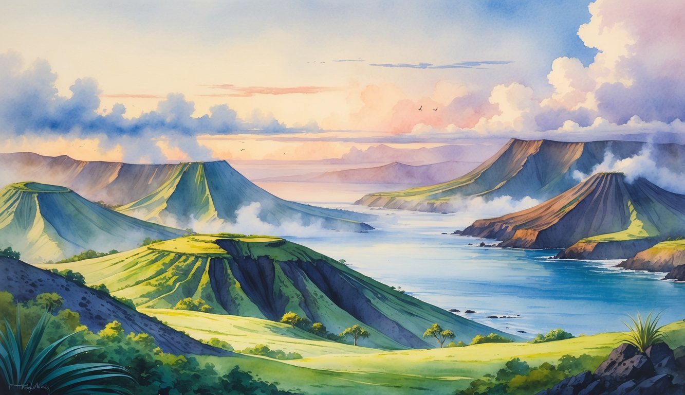 A peaceful landscape showing two volcanic mountains with green vegetation, misty peaks, and a distant ocean shoreline under a colorful sunrise sky.