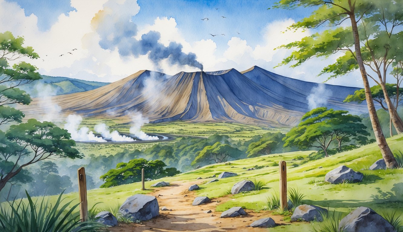 A peaceful mountain landscape showing Mauna Loa volcano with green plants, a winding trail, steam vents, and birds flying overhead.
