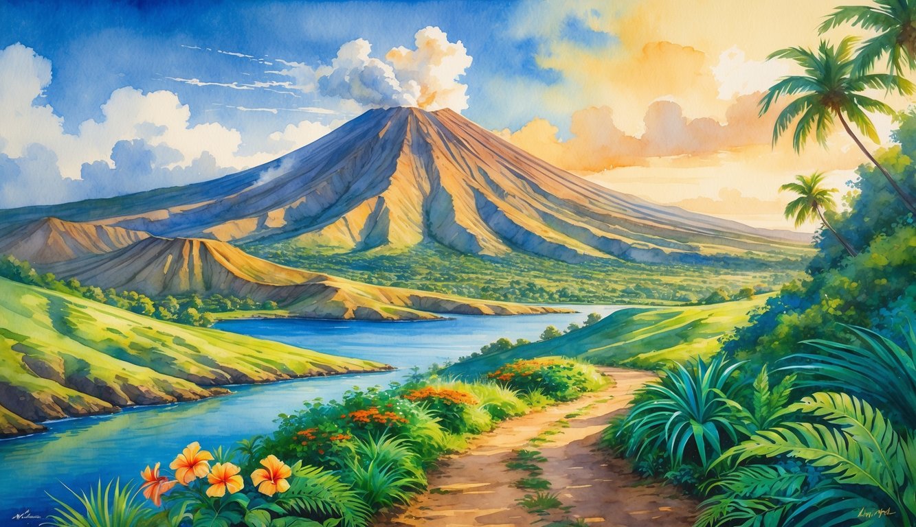 A scenic view of Mauna Loa volcano with surrounding tropical plants, a winding trail, and a calm lake under a partly cloudy sky.