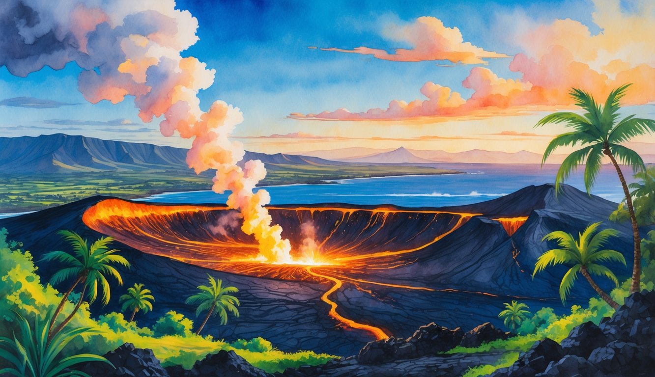 A volcano with glowing lava flows and smoke surrounded by tropical plants, mountains, and the ocean in the distance.