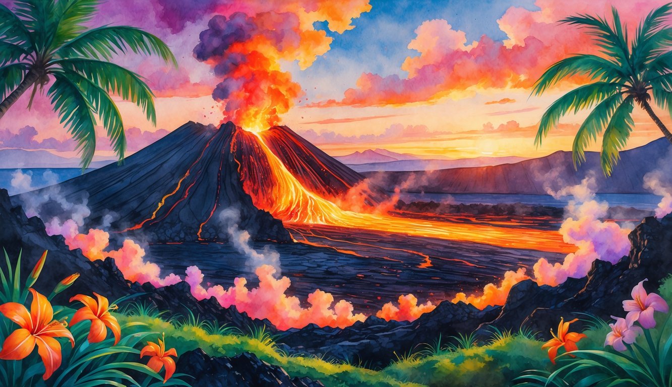 A Hawaiian volcano with glowing lava flowing down its sides, surrounded by tropical plants and a colorful sunset sky.