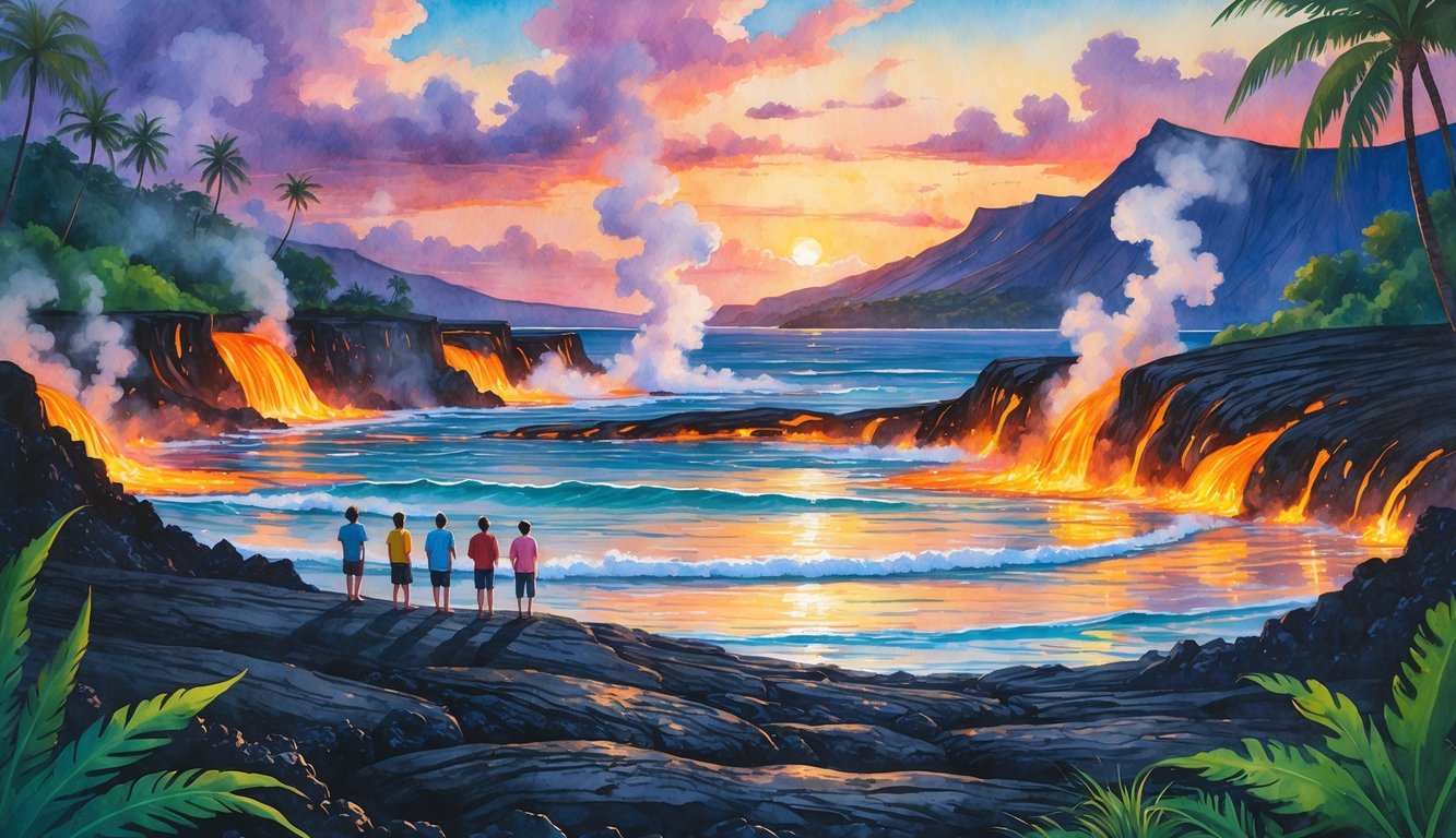 People watching glowing lava flowing into the ocean from a safe distance on volcanic rocks in a Hawaiian landscape at sunset.