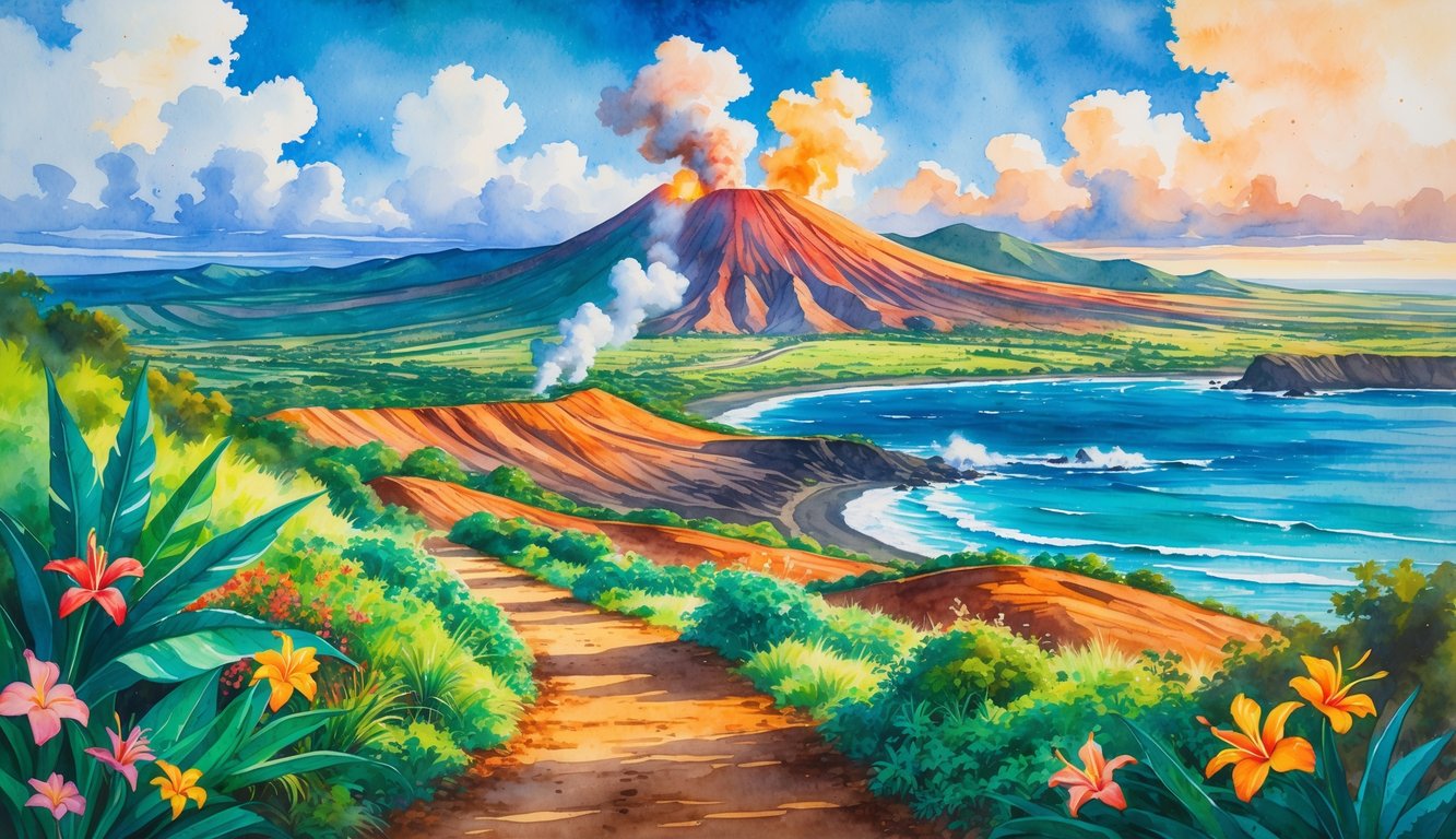 A scenic view of a Hawaiian volcano with smoke rising, surrounded by tropical plants, hills, and the ocean under a bright sky.