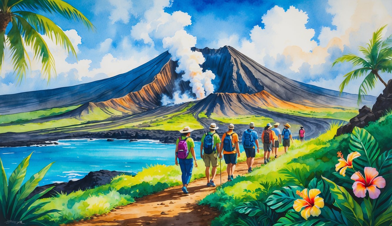 A group of tourists hiking on a trail near an active volcano surrounded by tropical plants and flowers.