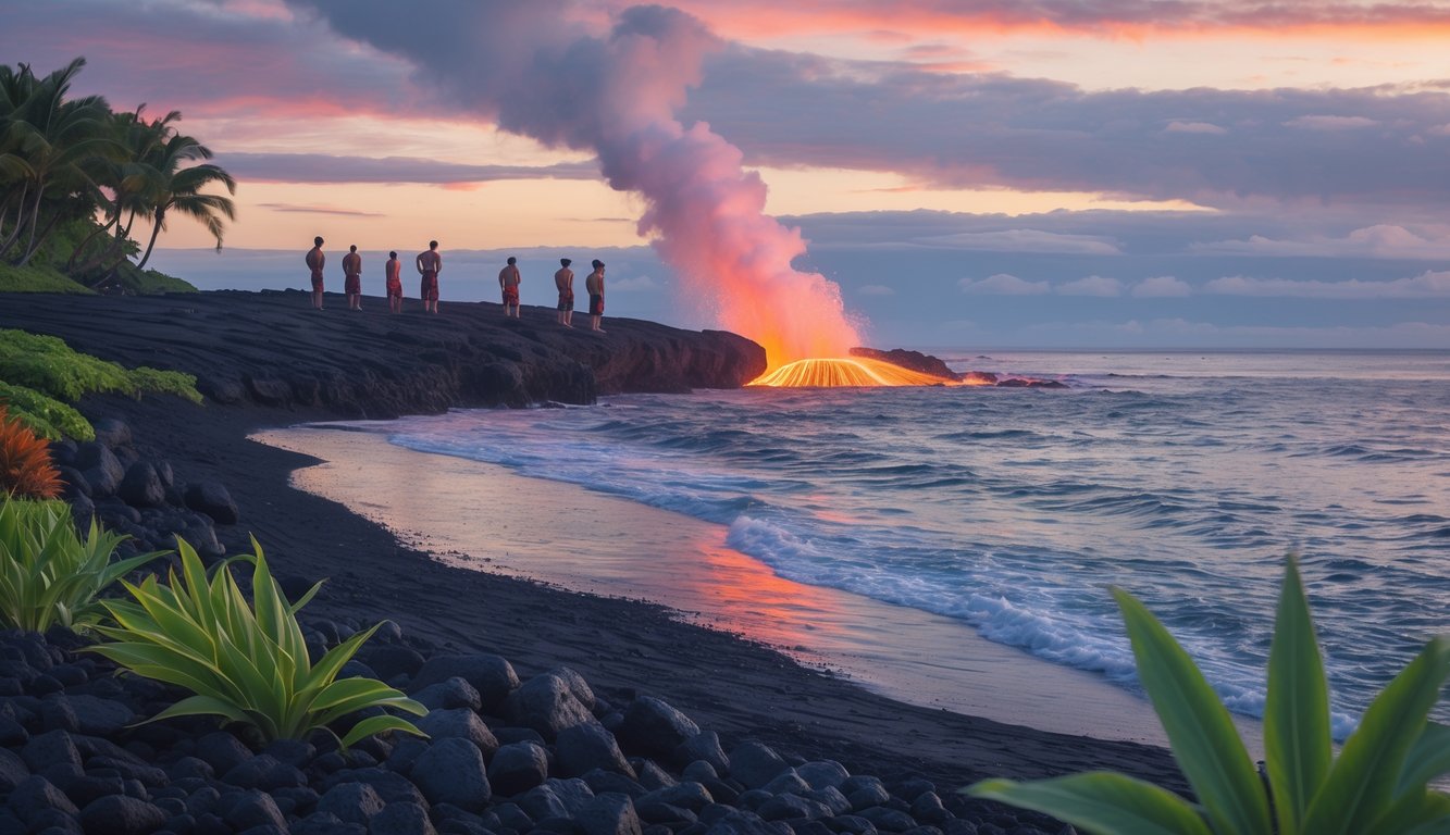 A peaceful Hawaiian shoreline with volcanic rocks, glowing lava flowing into the ocean, tropical plants, and people watching from a safe distance during sunset.