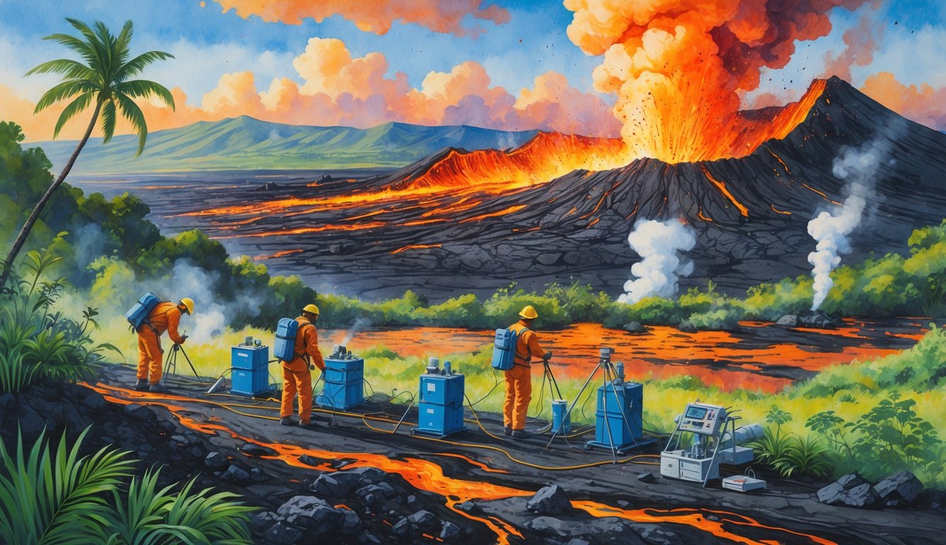 A volcanic eruption in Hawaii with scientists monitoring equipment near the volcano surrounded by tropical plants and mountains.