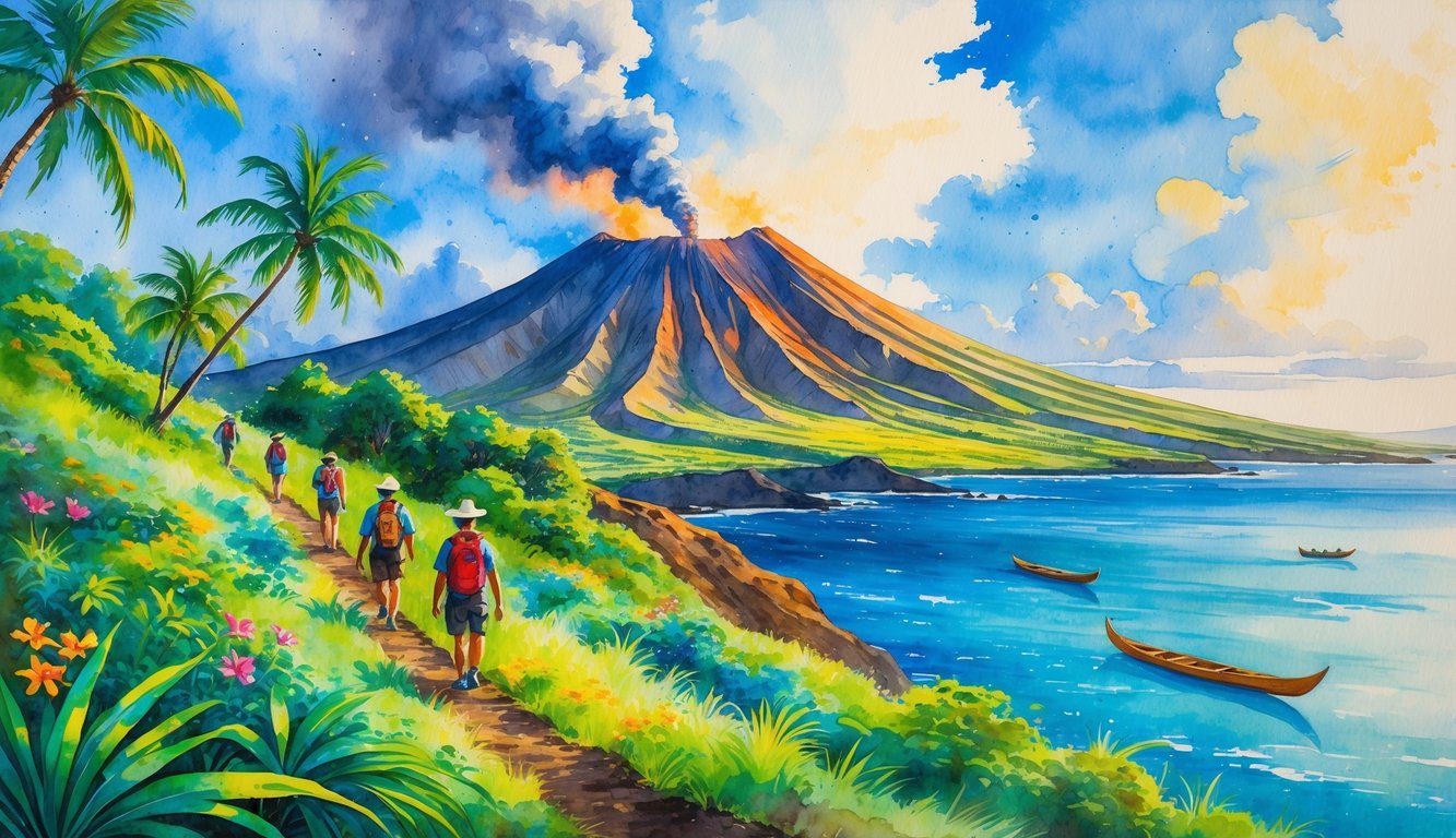 A scenic view of a volcano with smoke rising, surrounded by tropical plants, hikers on a trail, and the ocean with canoes nearby.