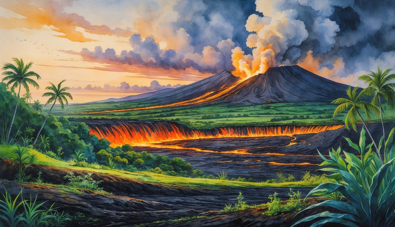 A Hawaiian volcano with lava flowing down its slopes, surrounded by recovering greenery and tropical plants under a colorful sky.