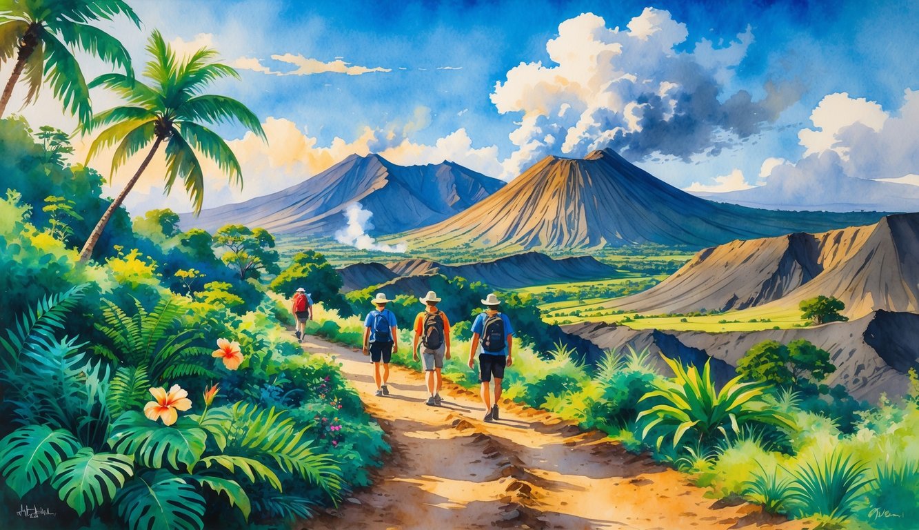 A hiking trail surrounded by tropical plants with hikers walking toward volcanic mountains emitting smoke under a blue sky.