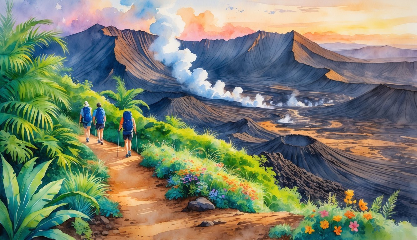 A scenic view of hiking trails winding through lush tropical vegetation with volcanic mountains and steam rising in the background, and hikers walking along the paths.