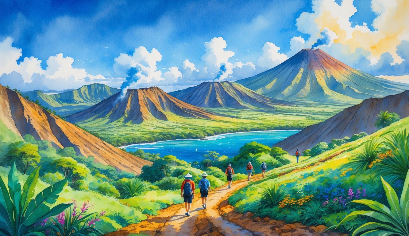 A scenic view of hiking trails winding through lush greenery with volcanic mountains in the background and the ocean visible in the distance.