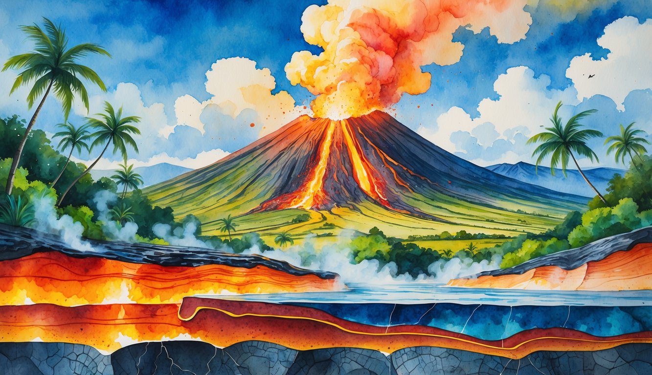A Hawaiian volcano erupting with lava flowing down its slopes, surrounded by tropical plants and an underground cross-section showing magma chambers and tectonic plates beneath the surface.
