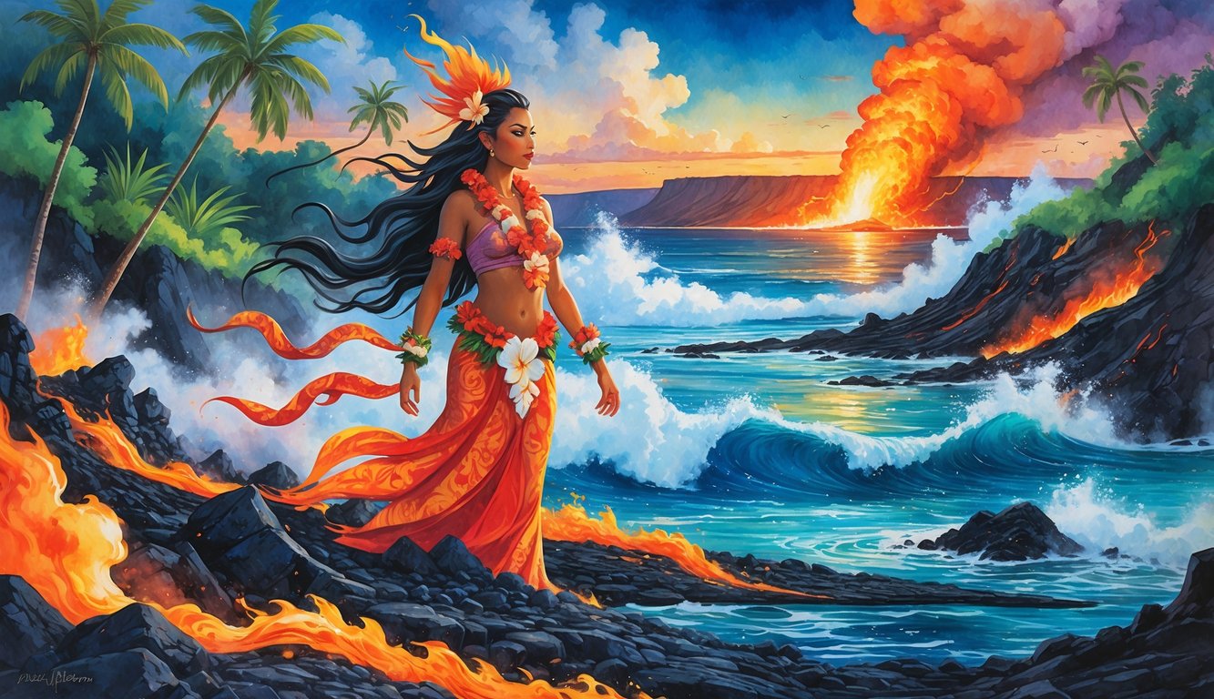 A goddess figure surrounded by lava and volcanic rocks with tropical plants and an erupting volcano in the background near the ocean.