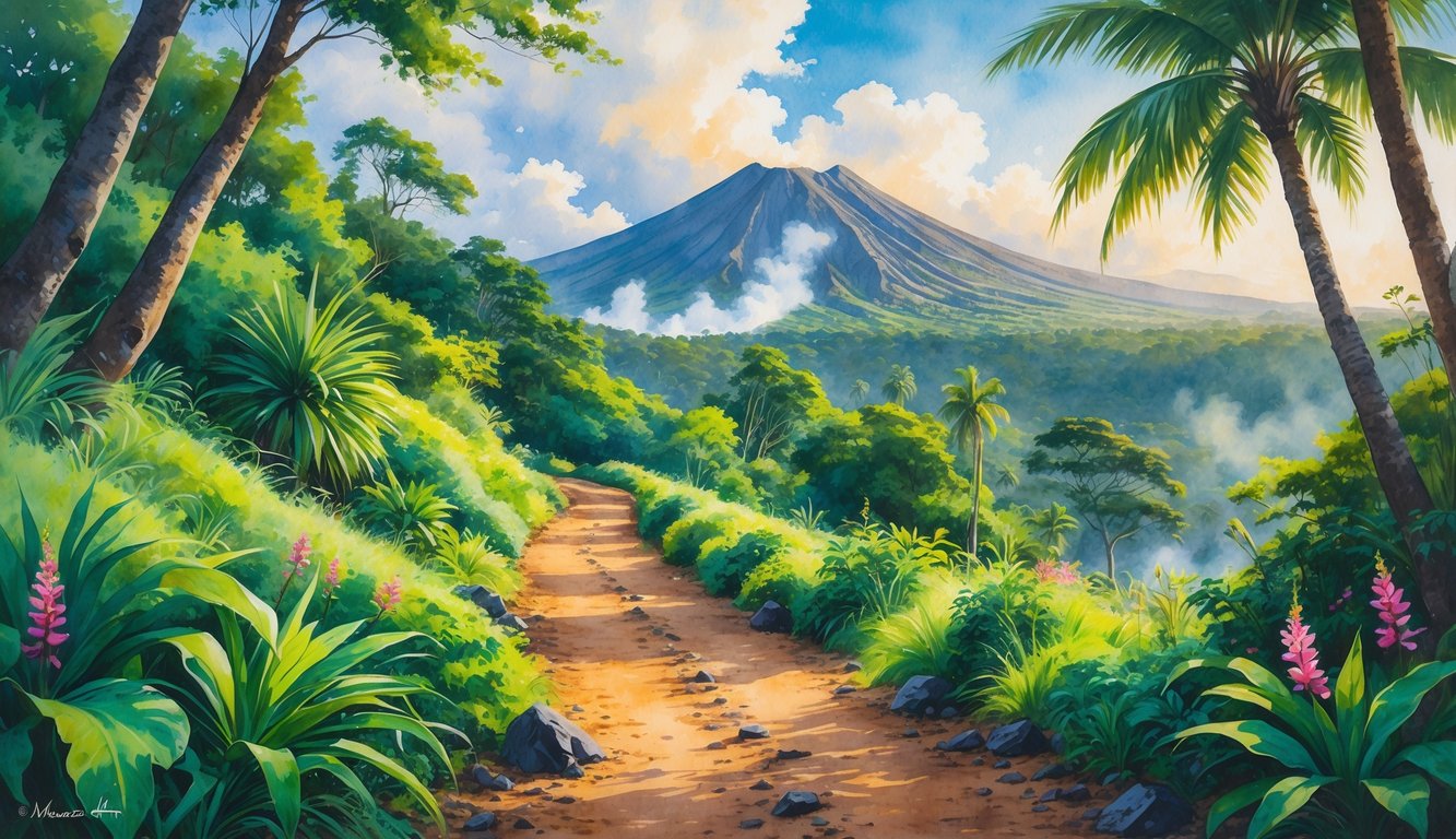 A hiking trail winding through dense tropical vegetation with a volcanic mountain in the background and a plume of steam rising nearby.