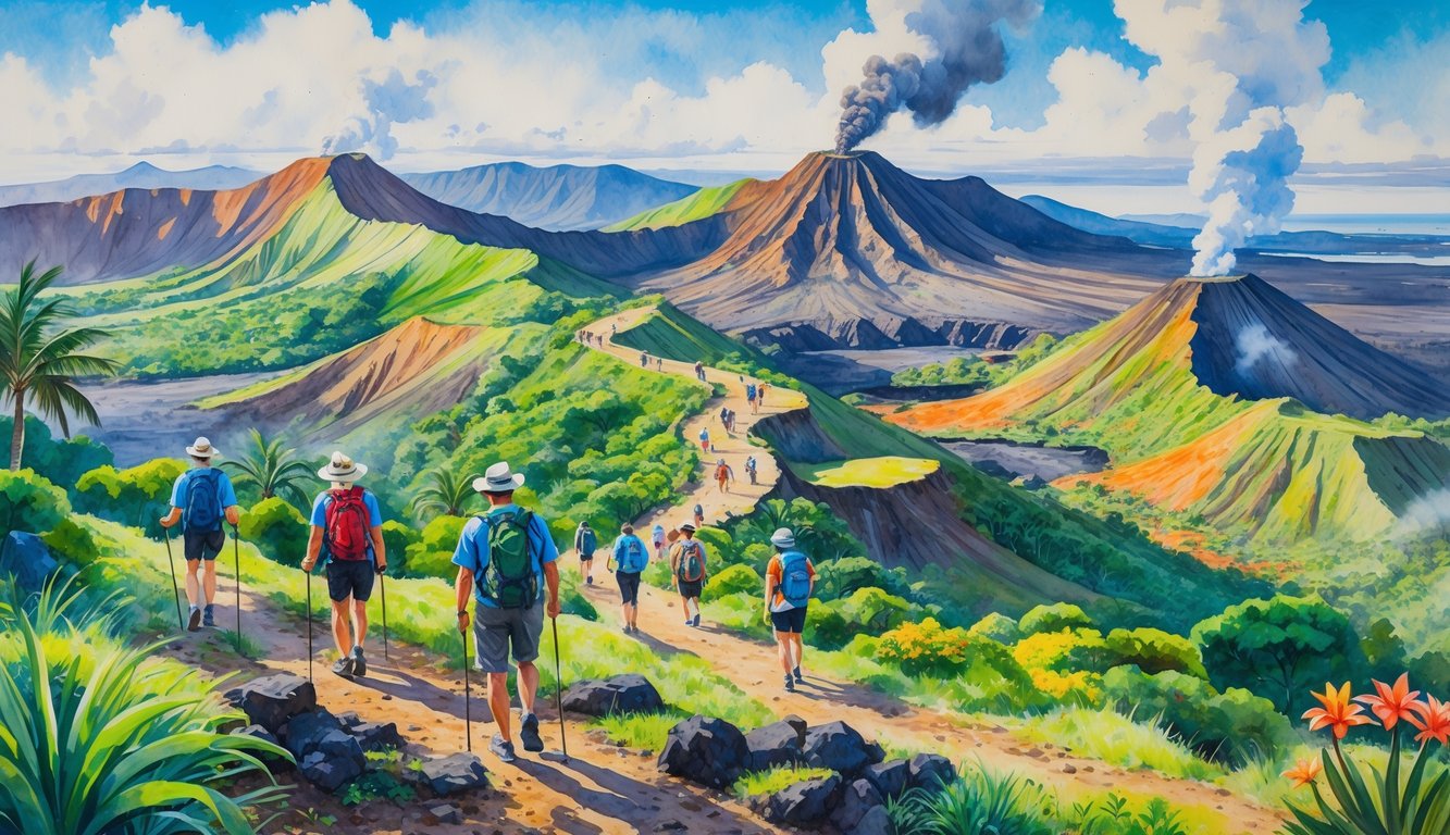 A colorful scene showing hikers walking along trails through lush tropical forests and volcanic landscapes with mountains and smoke in the background.