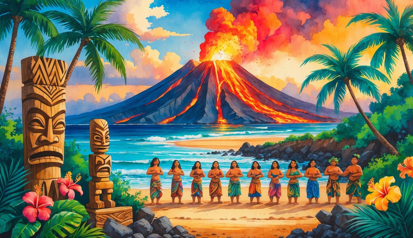 A volcano erupting with lava flowing down its slopes surrounded by tropical plants, palm trees, people dancing, and the ocean in the distance.
