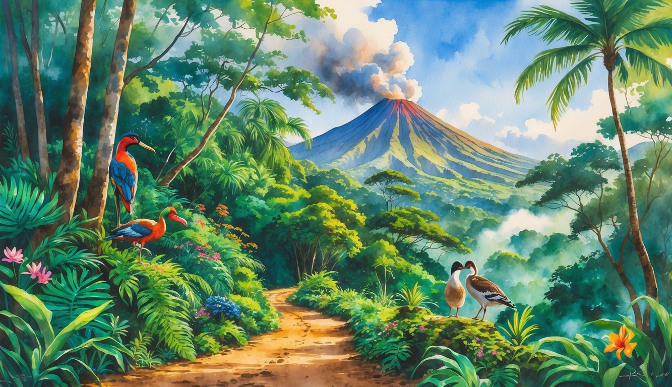 A dense Hawaiian rainforest trail with tropical plants and native birds near a volcano emitting smoke in the background.