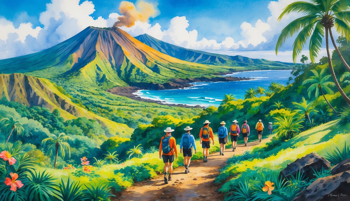A group of hikers walking along a trail through tropical forest with a volcanic mountain in the background and ocean visible in the distance.