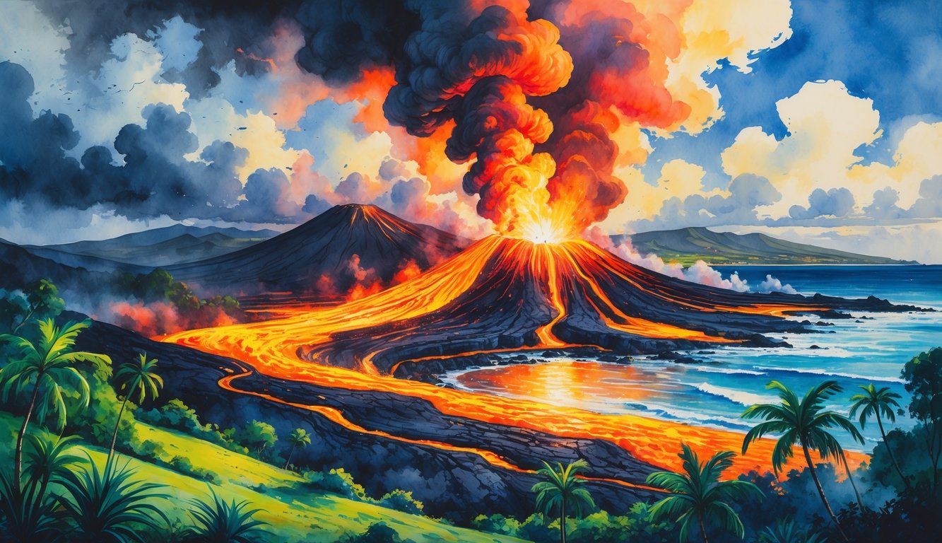 A volcanic eruption in Hawaii with glowing lava flowing down the mountain, smoke rising into the sky, surrounded by tropical plants and ocean in the distance.