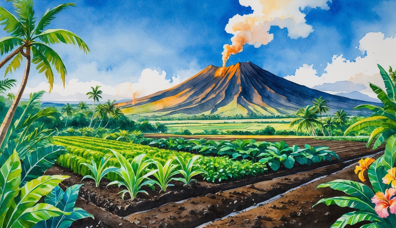 A tropical farm with green plants growing in dark volcanic soil at the base of a smoking volcano surrounded by native Hawaiian plants.