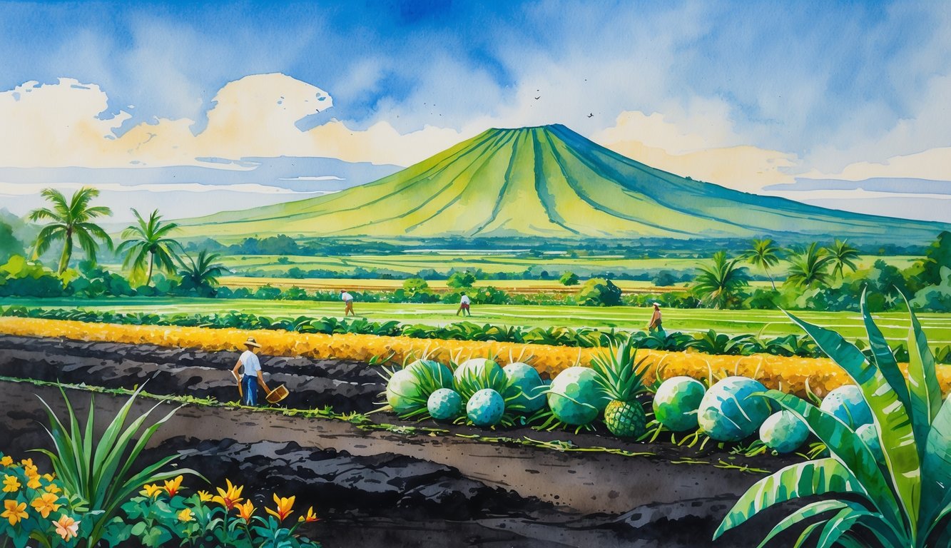 A landscape showing fertile volcanic soil with tropical crops growing and a volcanic mountain in the background.