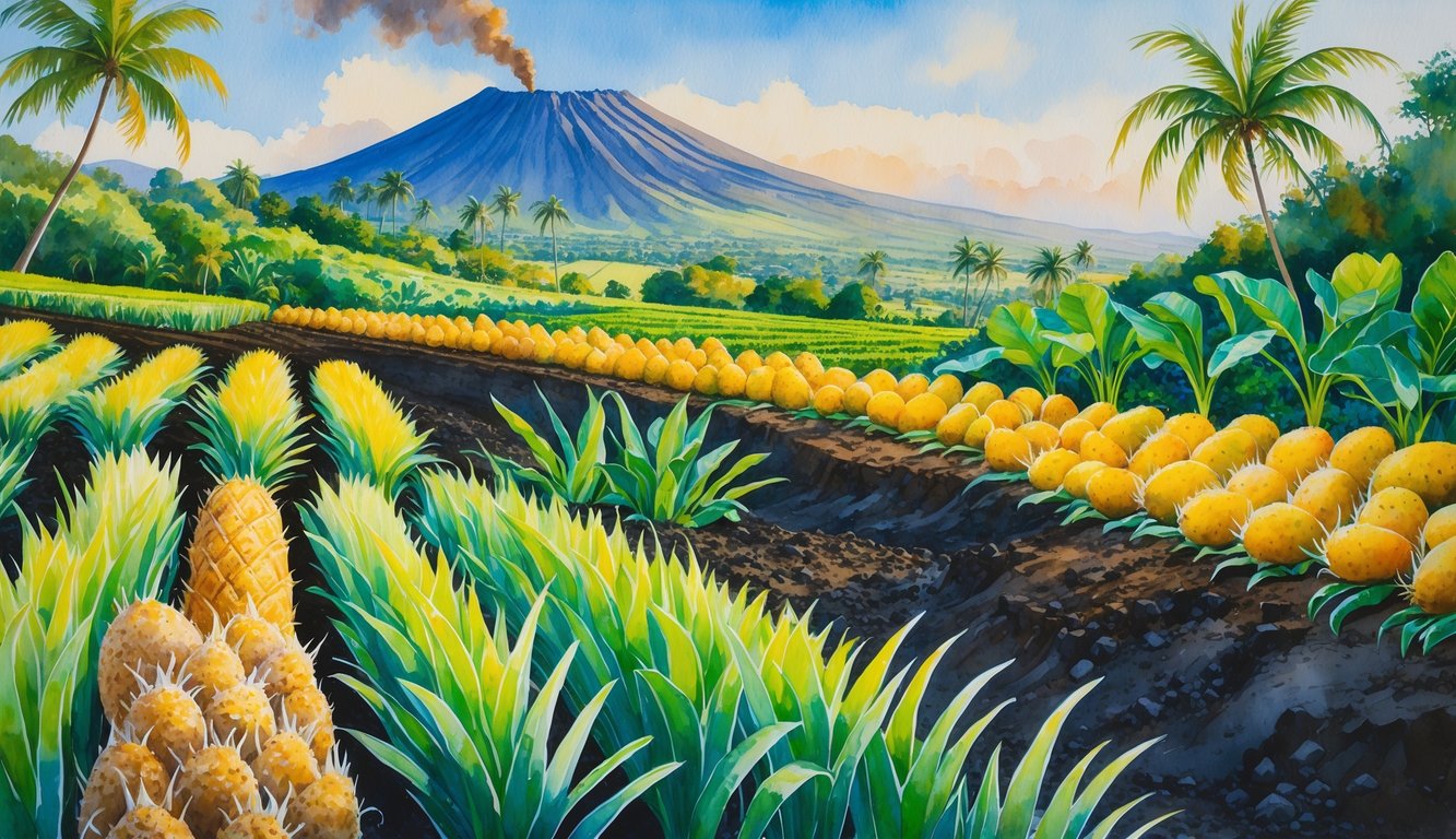 A Hawaiian farm with rows of sugarcane, pineapple, and taro plants growing on dark volcanic soil near a volcanic mountain under a clear sky.