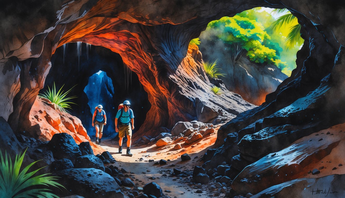 Two explorers walking through a volcanic cave with rocky walls and tropical plants visible at the entrance.