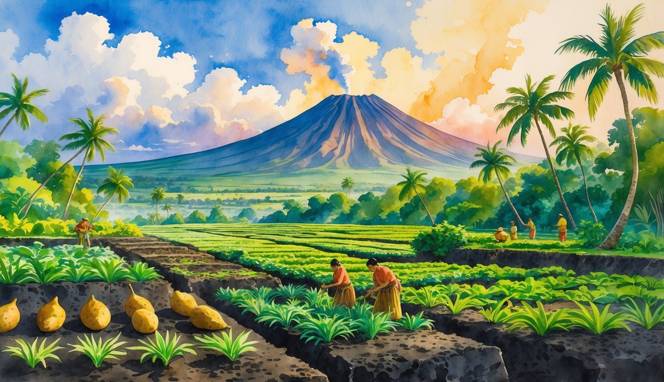 A Hawaiian agricultural scene with farmers tending crops on dark volcanic soil near a volcano surrounded by tropical plants.