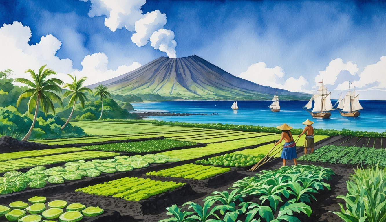A Hawaiian farm with green crops growing in dark volcanic soil, a volcano in the background, and European ships approaching the shore while farmers tend the fields.