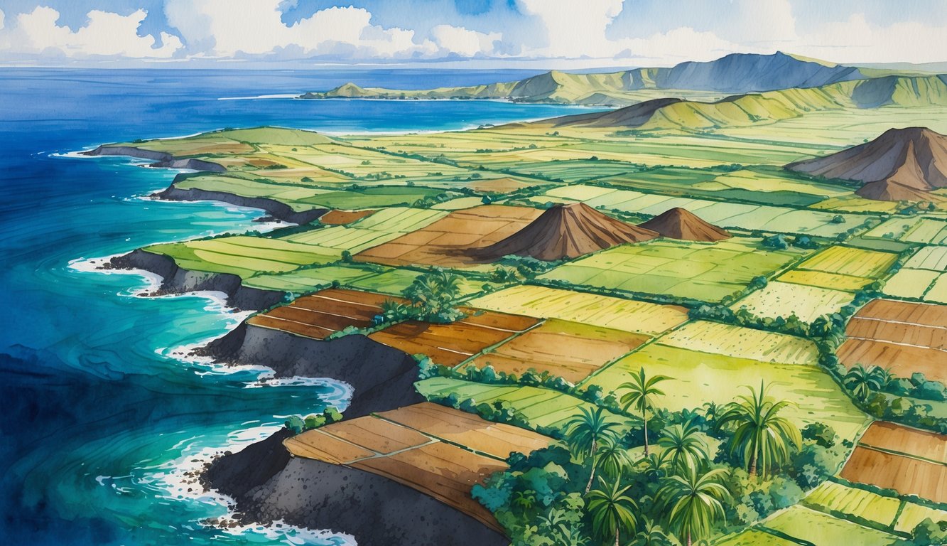 A bird's-eye view of the Hawaiian Islands showing varied agricultural fields, volcanic soil, tropical plants, and volcanic formations surrounded by ocean and sky.