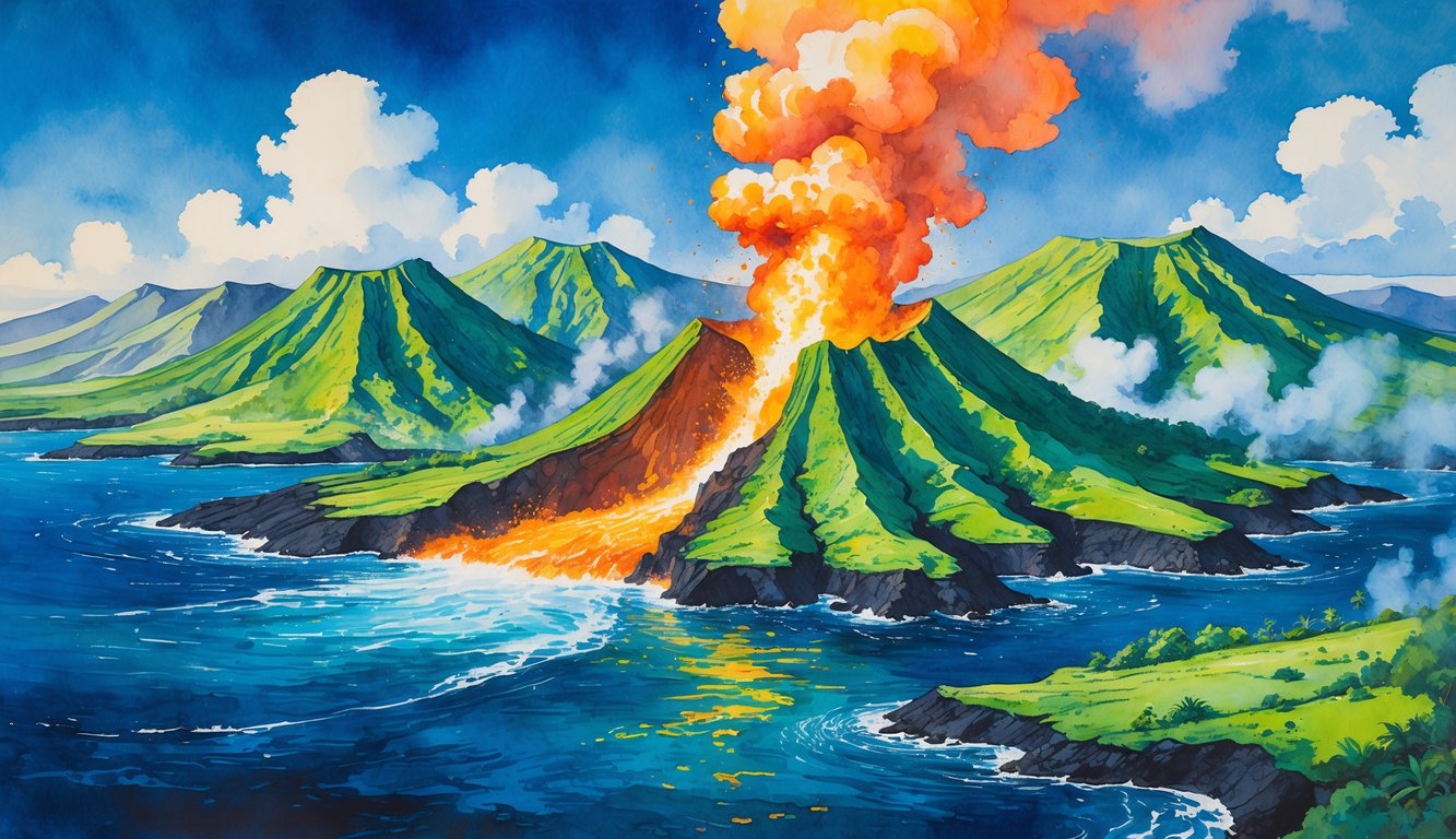 A group of volcanic islands rising from the ocean with one volcano erupting lava that flows into the water, surrounded by green vegetation and a bright sky.