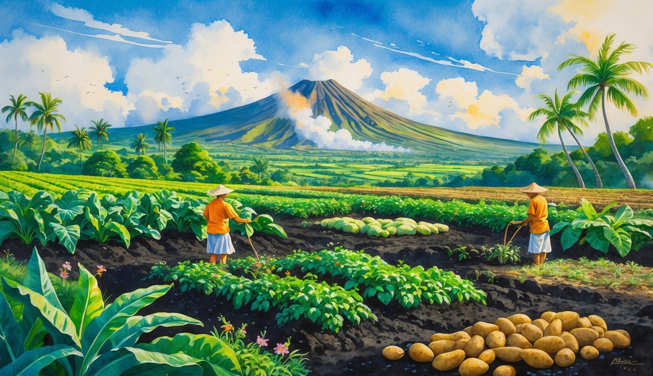 A Hawaiian farm with crops growing in dark volcanic soil, a volcano in the background, and farmers working in the fields surrounded by tropical plants and birds.